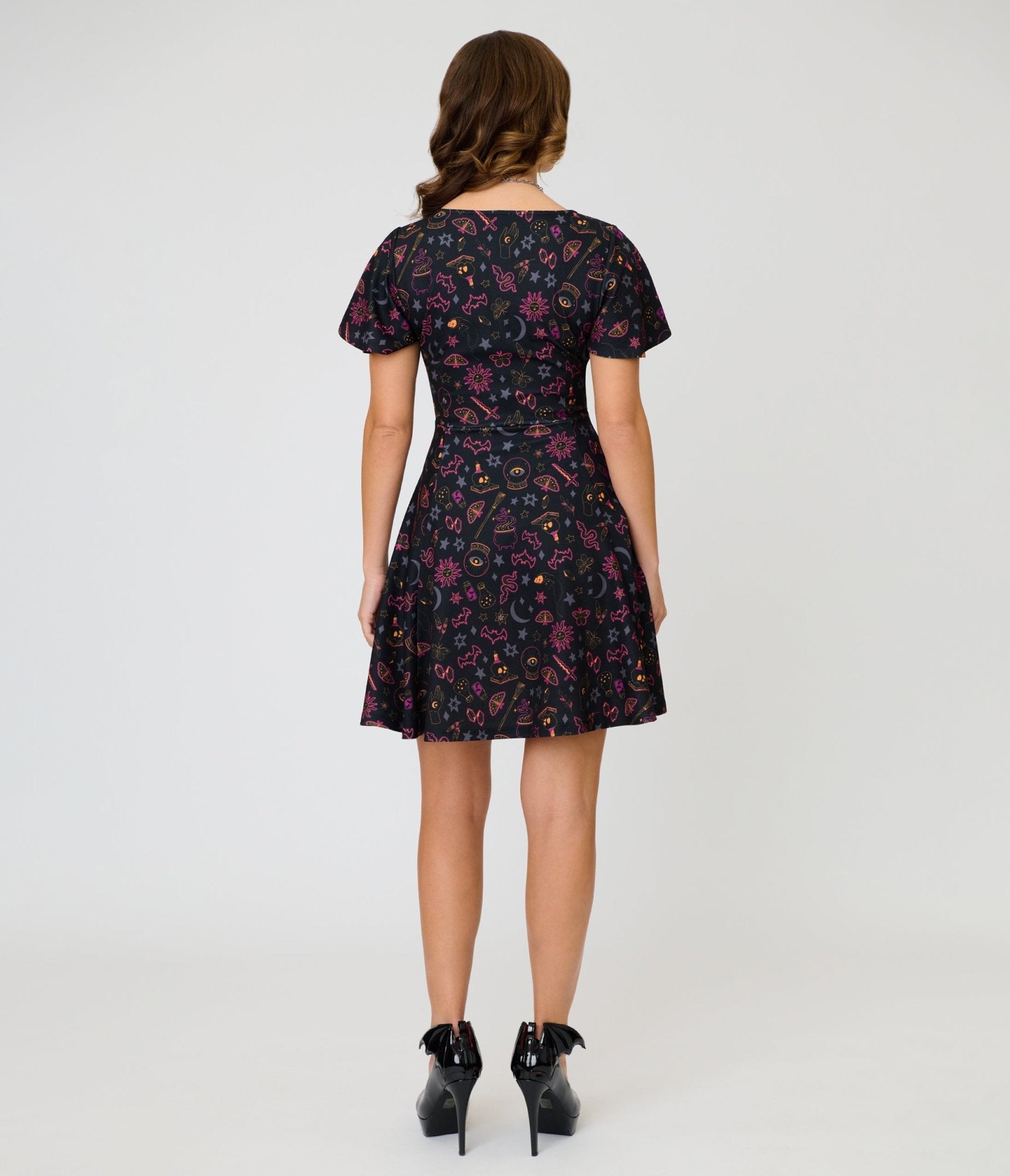 Unique Vintage Black Mystical Icons Poppy Flare Dress - Unique Vintage - Womens, DRESSES, FIT AND FLARE