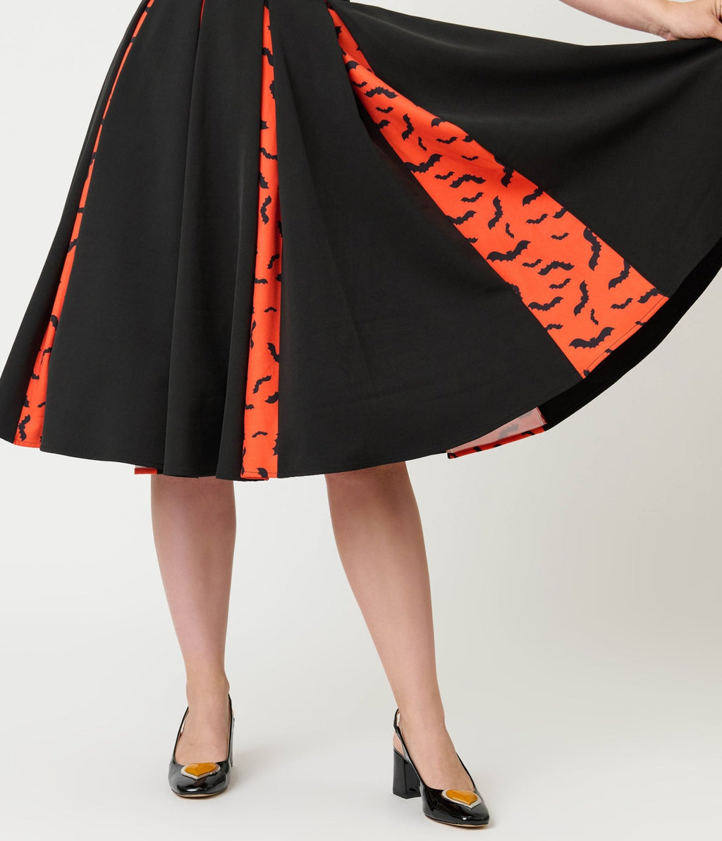 Unique Vintage Black & Orange Bats Pleated Swing Skirt - Unique Vintage - Womens, BOTTOMS, SKIRTS