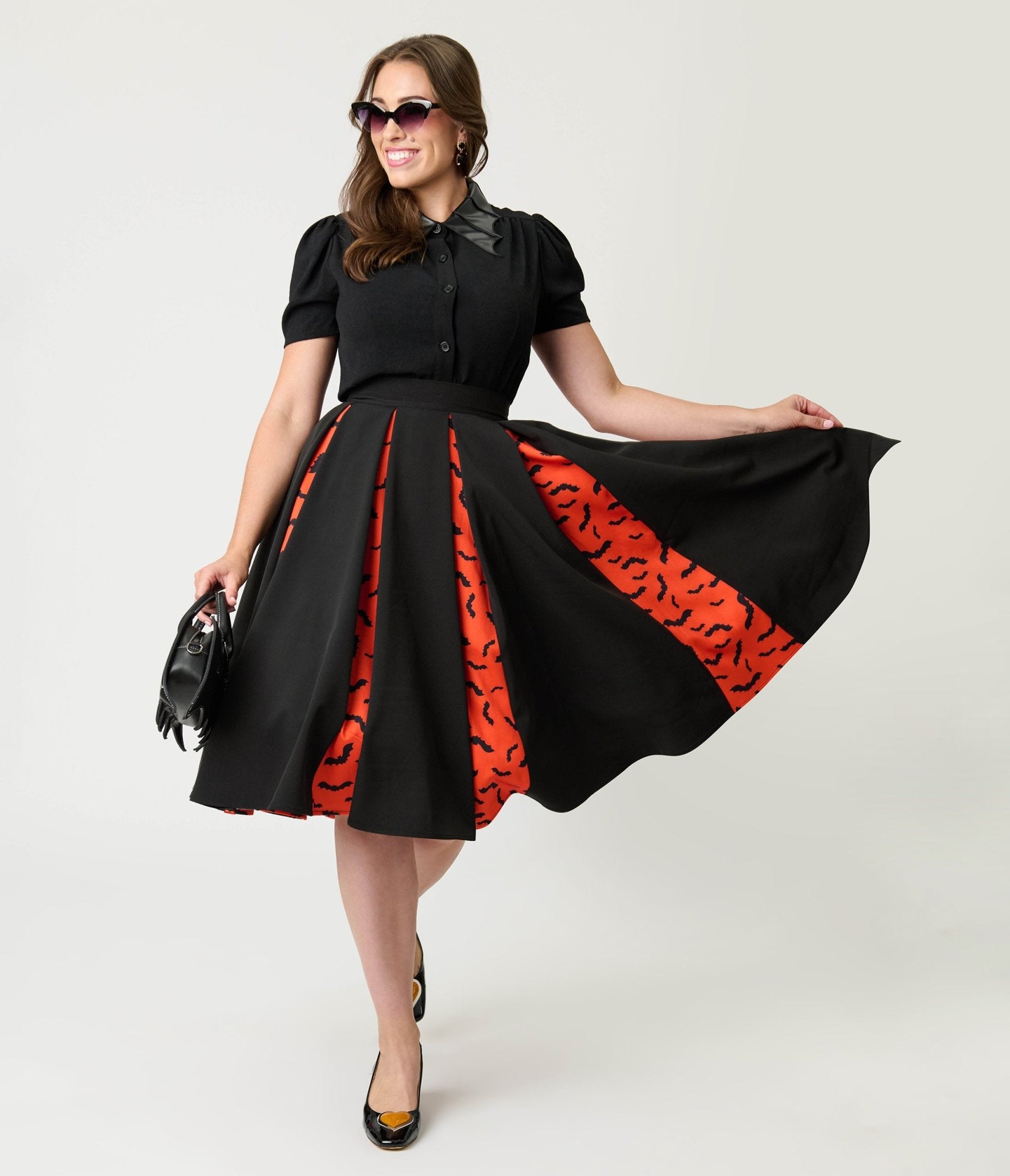 Unique Vintage Black & Orange Bats Pleated Swing Skirt