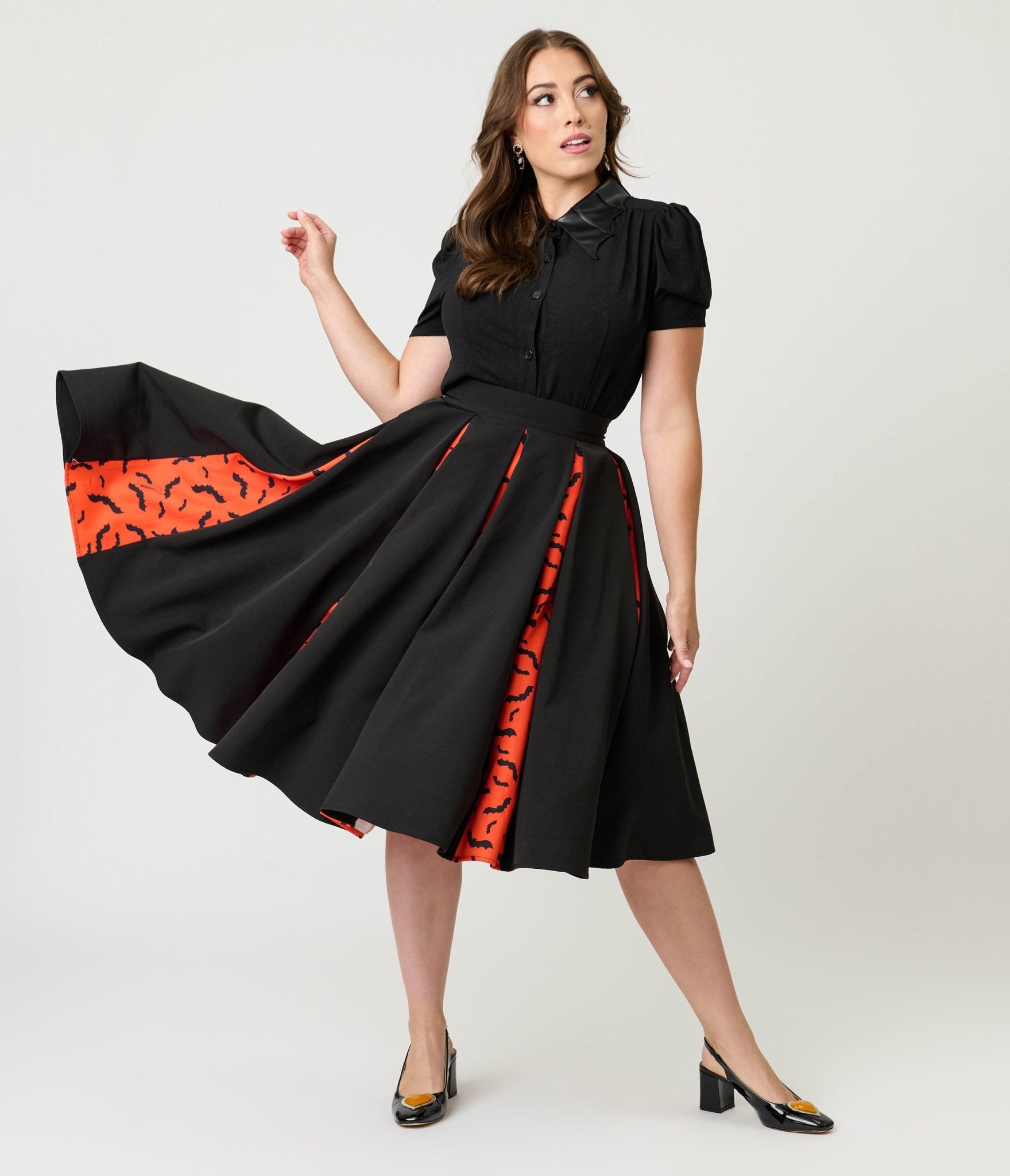 Unique Vintage Black & Orange Bats Pleated Swing Skirt - Unique Vintage - Womens, BOTTOMS, SKIRTS