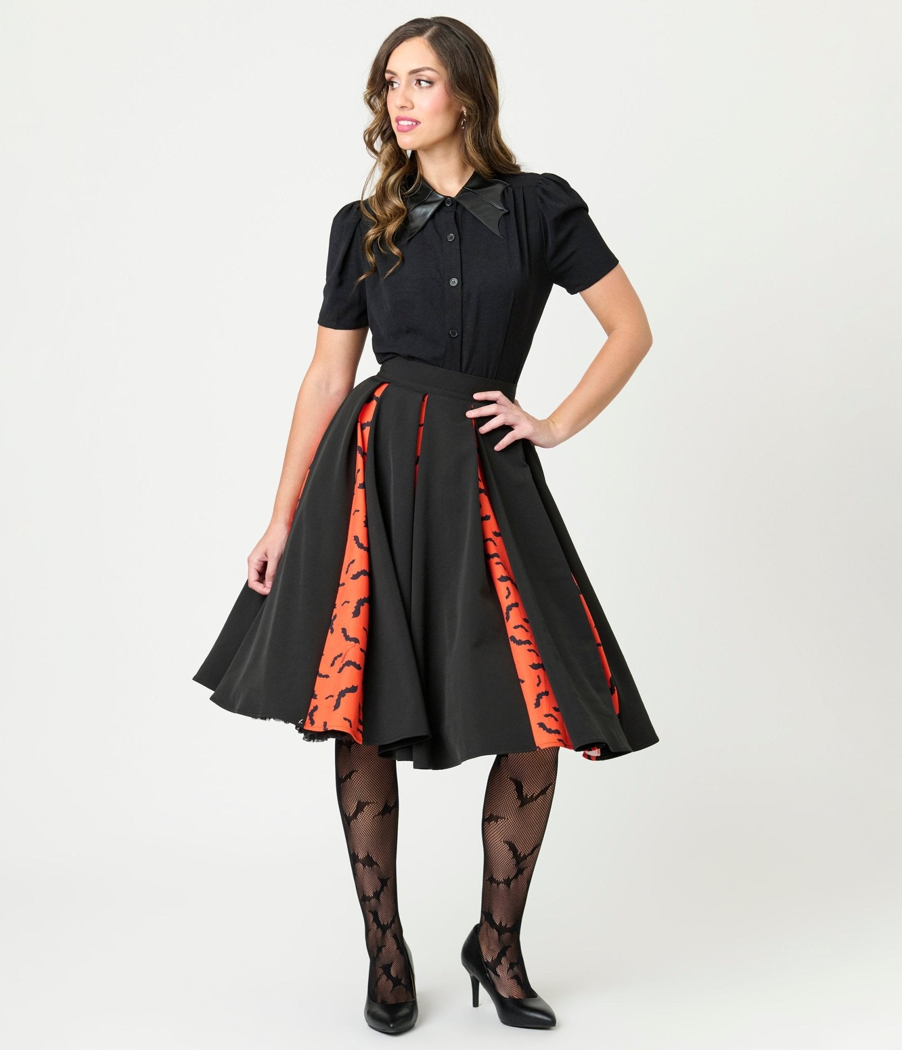 Unique Vintage Black & Orange Bats Pleated Swing Skirt