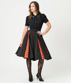 Unique Vintage Black & Orange Bats Pleated Swing Skirt - Unique Vintage - Womens, BOTTOMS, SKIRTS