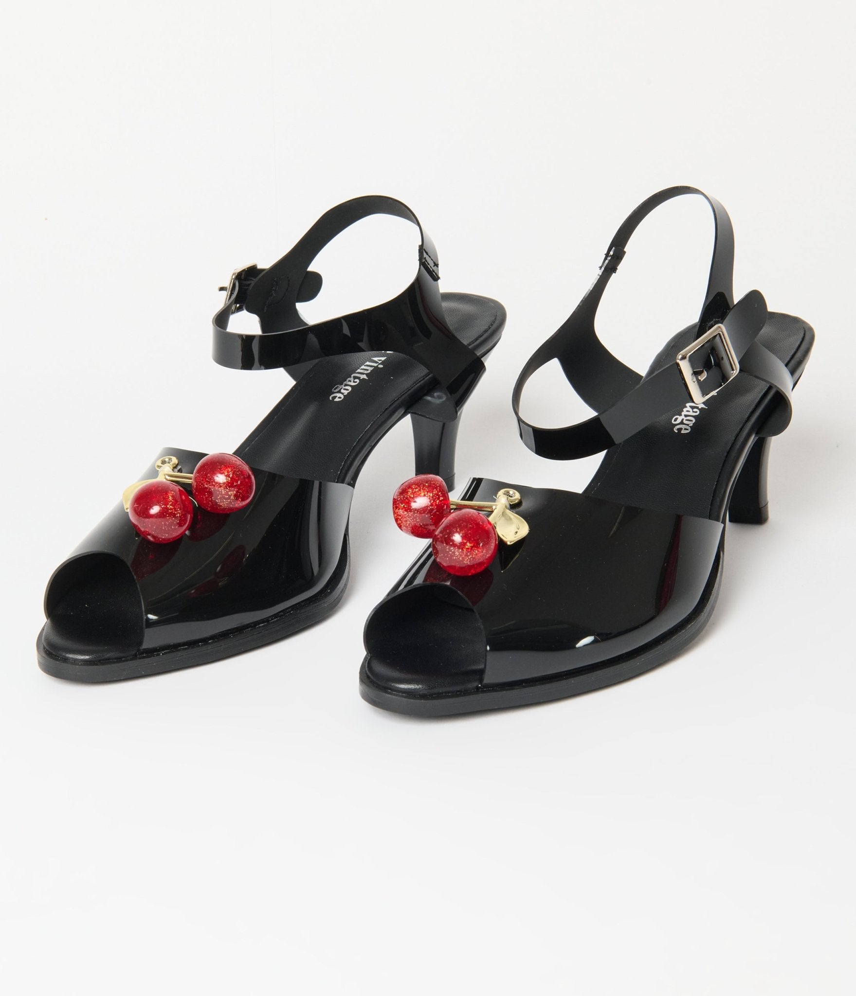 Unique Vintage Black Patent Leatherette Cherry Peep Toe Heels - Unique Vintage - Womens, SHOES, HEELS