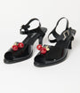 Unique Vintage Black Patent Leatherette Cherry Peep Toe Heels