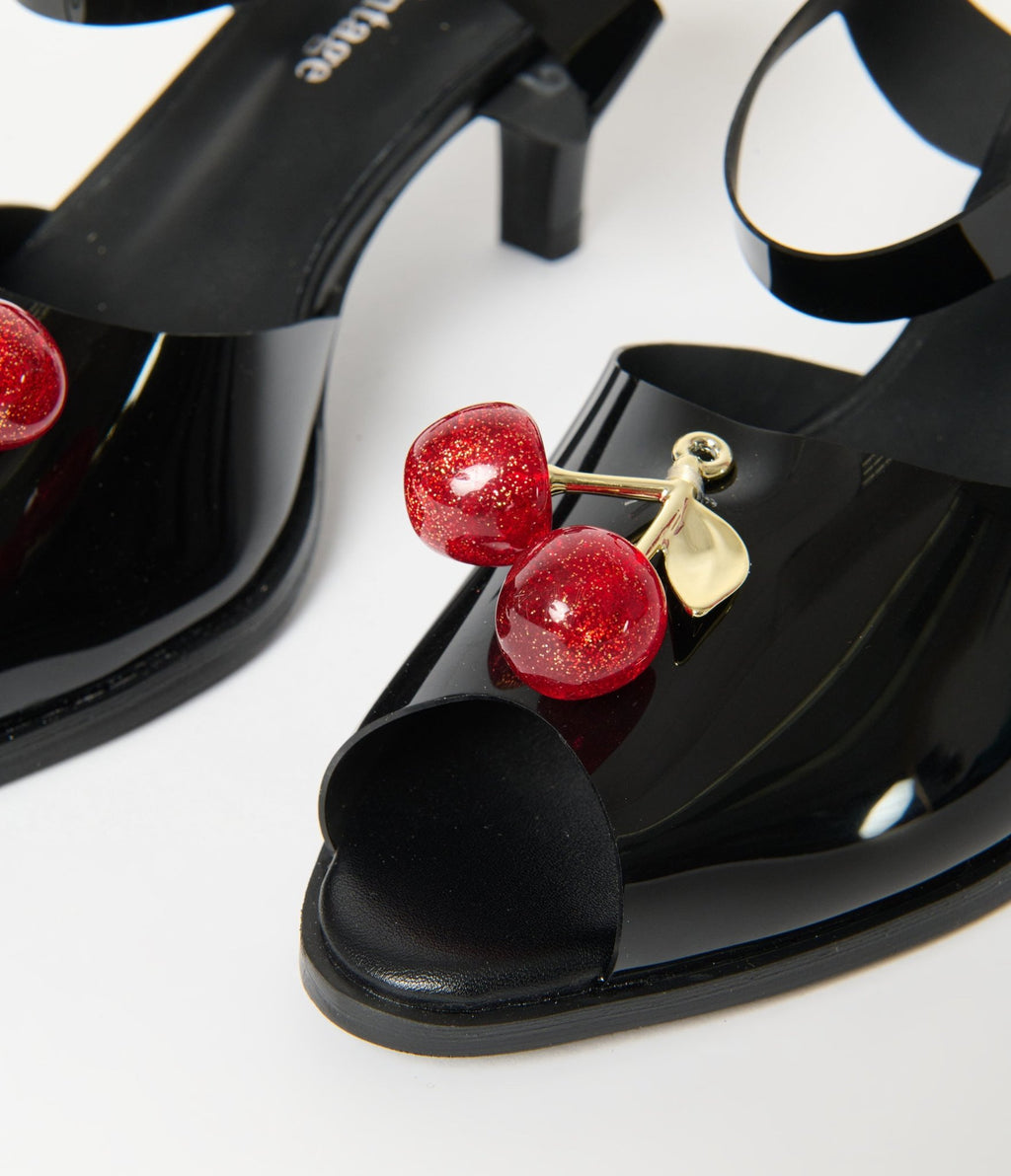 Unique Vintage Black Patent Leatherette Cherry Peep Toe Heels - Unique Vintage - Womens, SHOES, HEELS