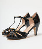 Unique Vintage Black Patent Peep Toe T-Strap Heels - Unique Vintage - Womens, SHOES, HEELS