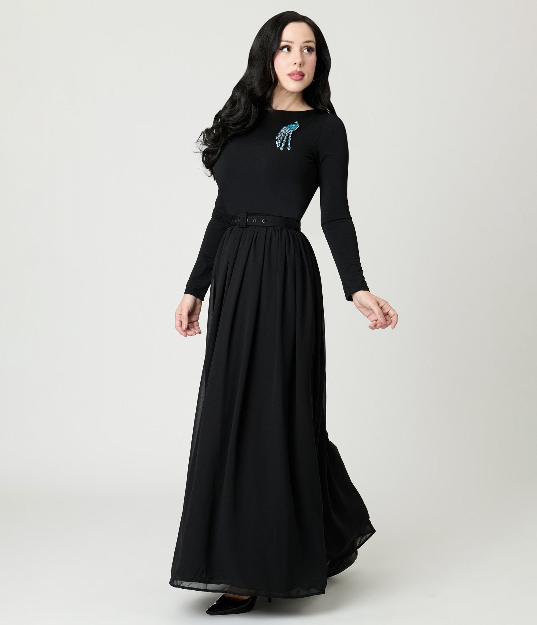 Unique Vintage Black & Peacock Brooch Maxi Dress - Unique Vintage - Womens, DRESSES, MAXI