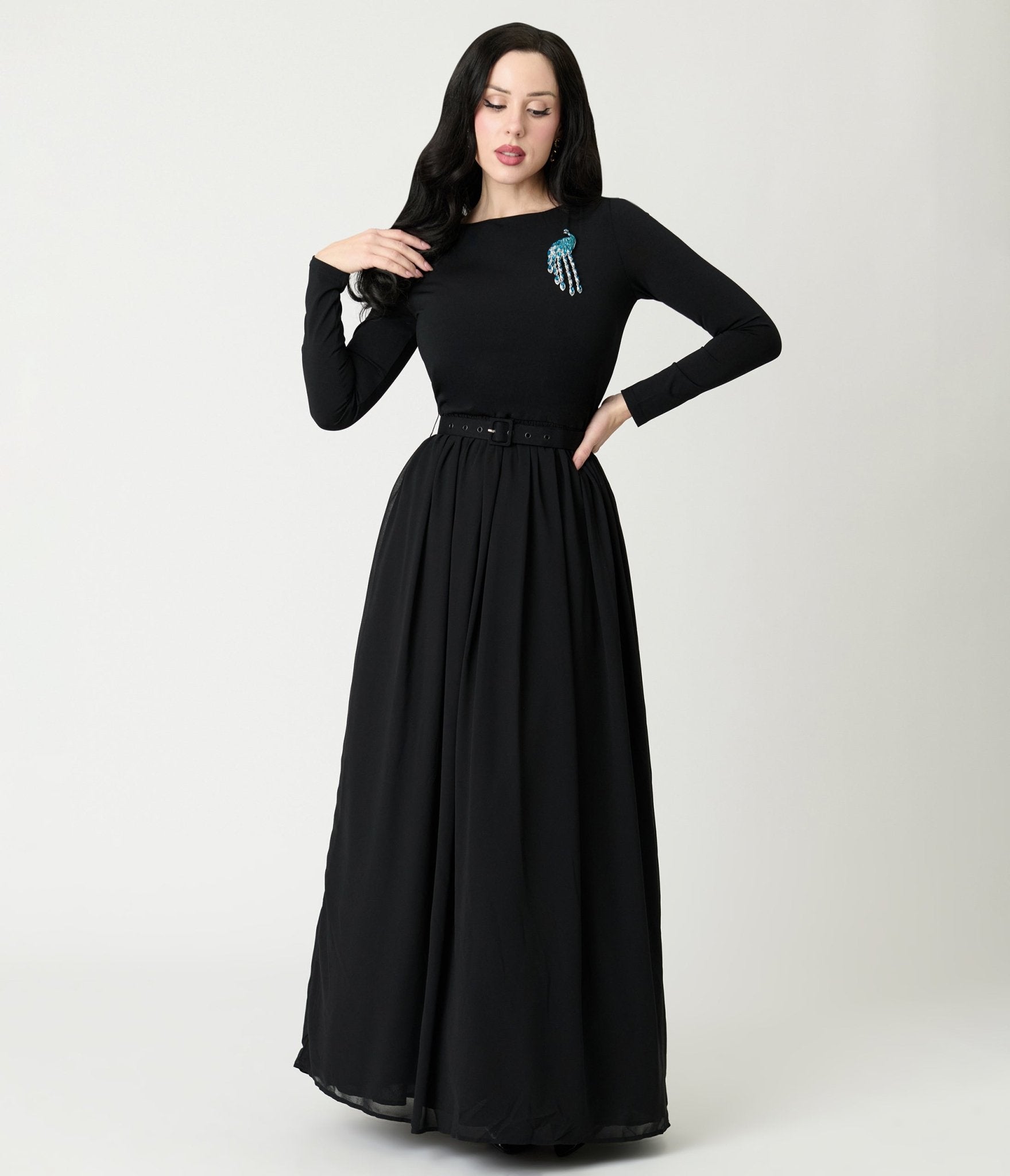 Unique Vintage Black & Peacock Brooch Maxi Dress Unique Vintage Black & Peacock Brooch Maxi Dress