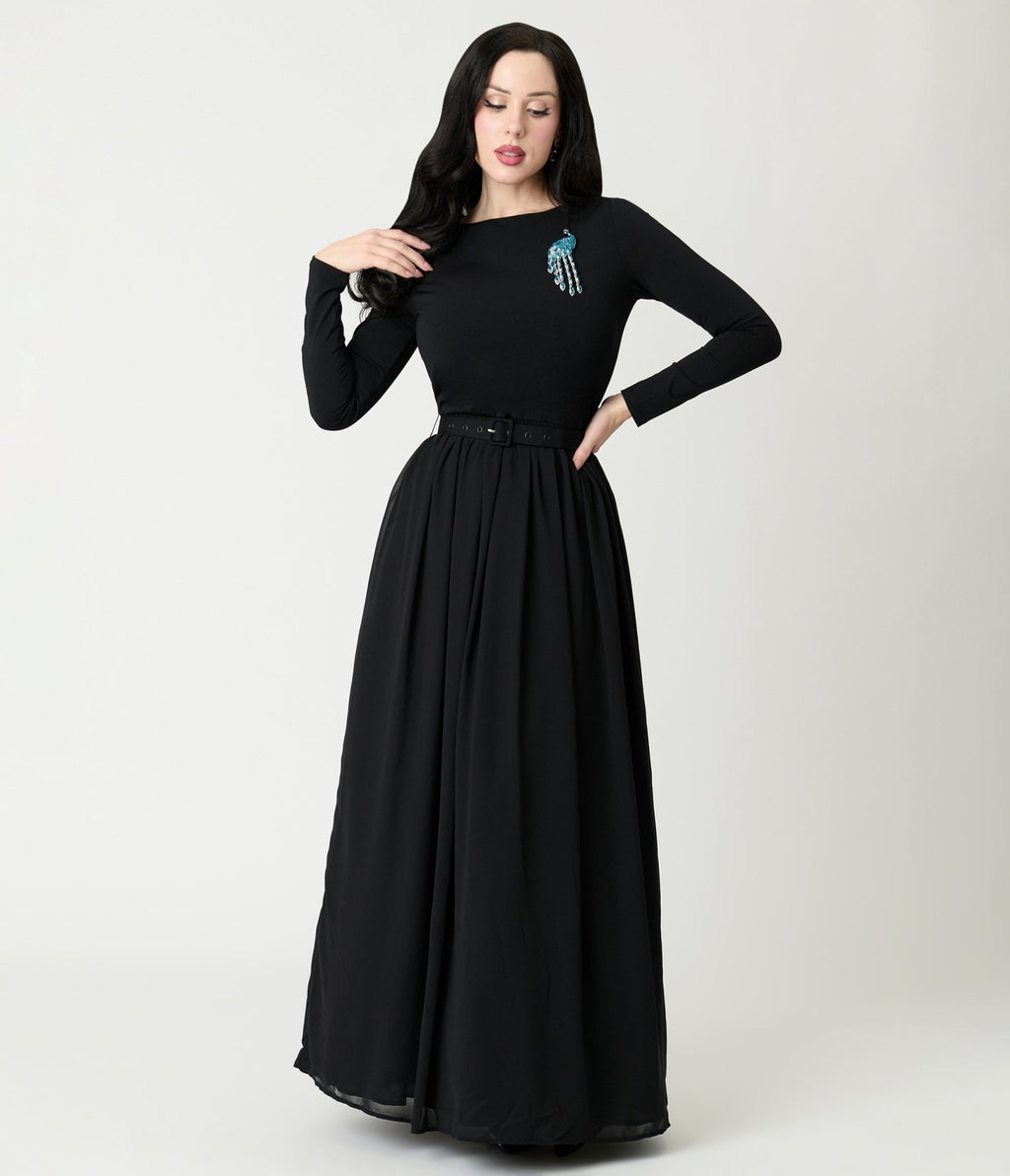 Unique Vintage Black & Peacock Brooch Maxi Dress - Unique Vintage - Womens, DRESSES, MAXI