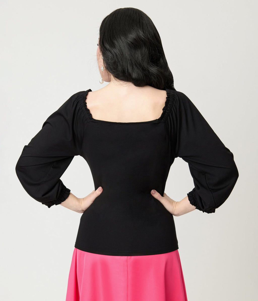 Unique Vintage Black Peasant Sleeve Blouse - Unique Vintage - Womens, TOPS, KNIT TOPS