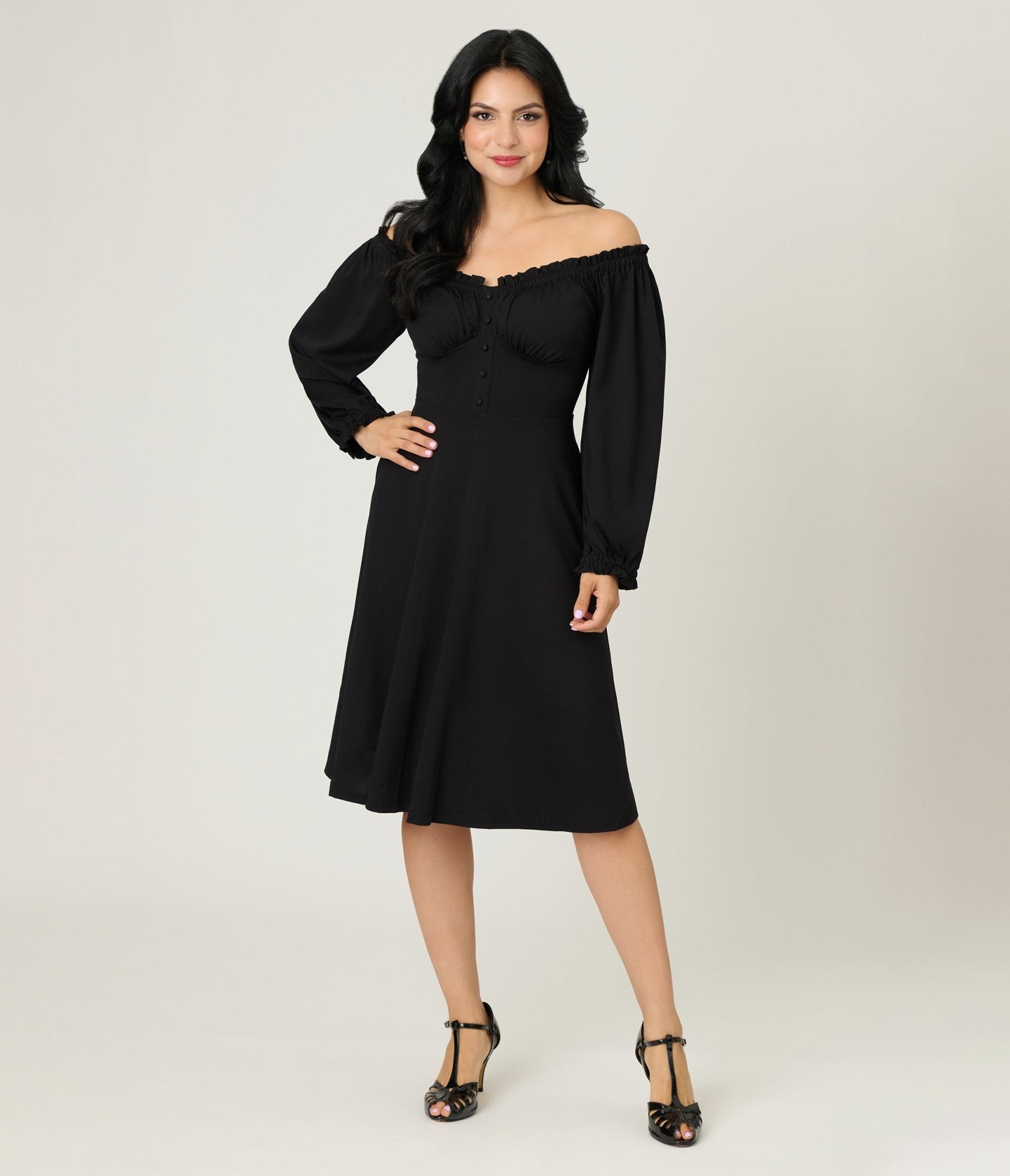 Unique Vintage Black Peasant Sleeve Swing Dress - Unique Vintage - Womens, DRESSES, SWING