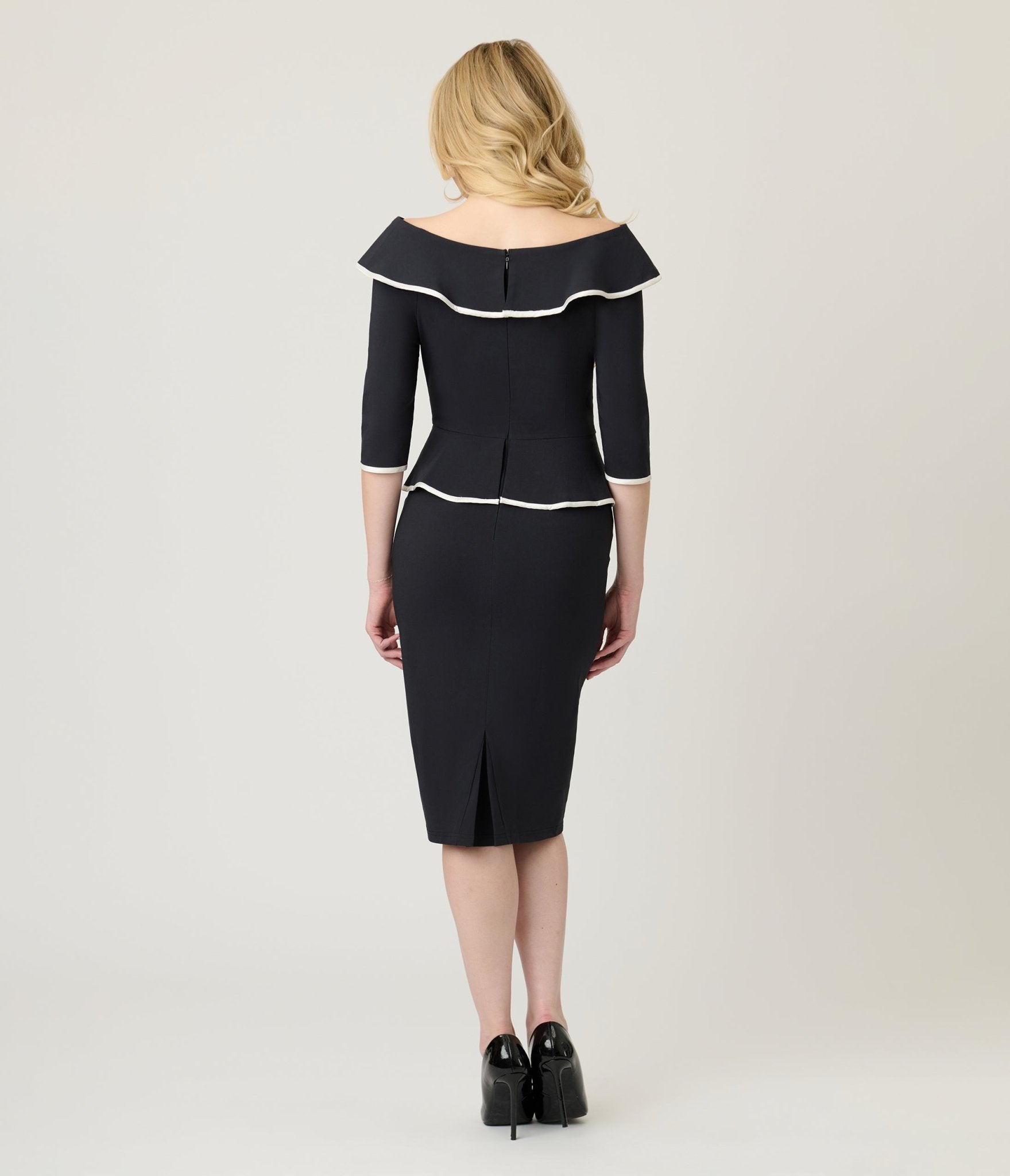 Unique Vintage Black Peplum Suit Pencil Dress
