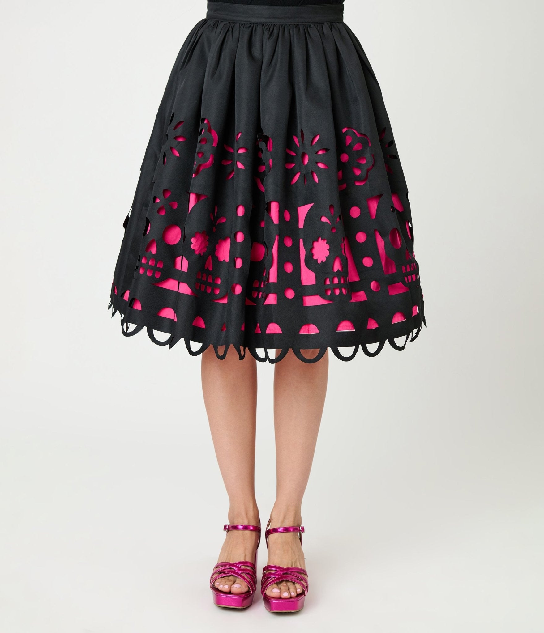 Unique Vintage Black & Pink Day of the Dead Skull Cutout Swing Skirt - Unique Vintage - Womens, BOTTOMS, SKIRTS