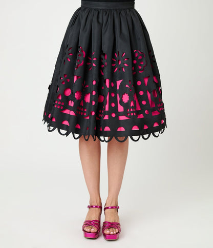 Unique Vintage Black & Pink Day of the Dead Skull Cutout Swing Skirt - Unique Vintage - Womens, BOTTOMS, SKIRTS