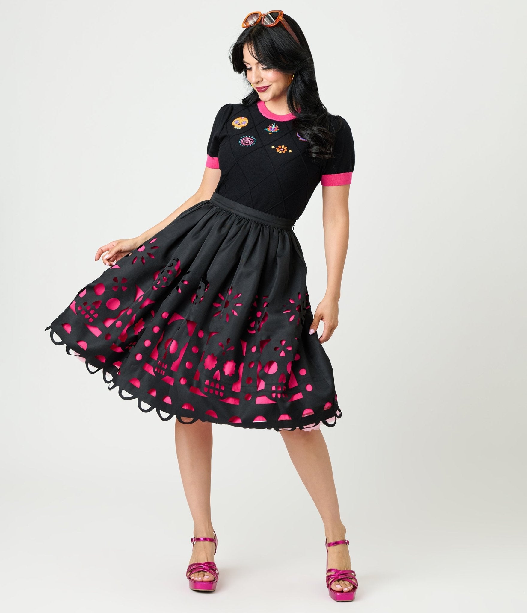 Unique Vintage Black & Pink Day of the Dead Skull Cutout Swing Skirt - Unique Vintage - Womens, BOTTOMS, SKIRTS