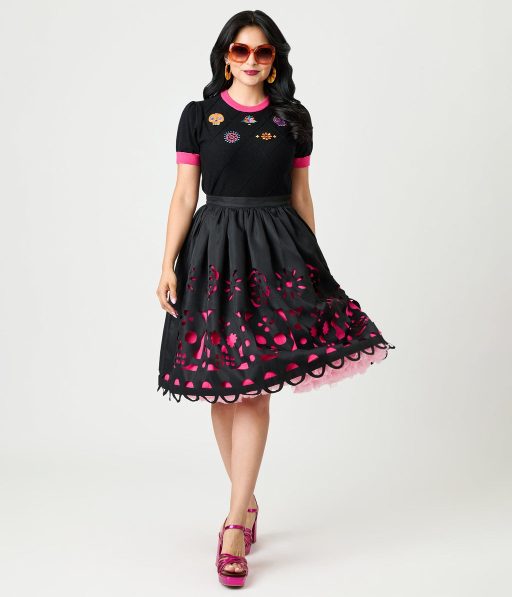 Unique Vintage Black & Pink Day of the Dead Skull Cutout Swing Skirt