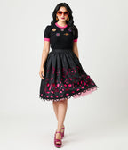 Unique Vintage Black & Pink Day of the Dead Skull Cutout Swing Skirt - Unique Vintage - Womens, BOTTOMS, SKIRTS