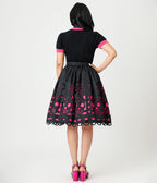 Unique Vintage Black & Pink Day of the Dead Skull Cutout Swing Skirt - Unique Vintage - Womens, BOTTOMS, SKIRTS