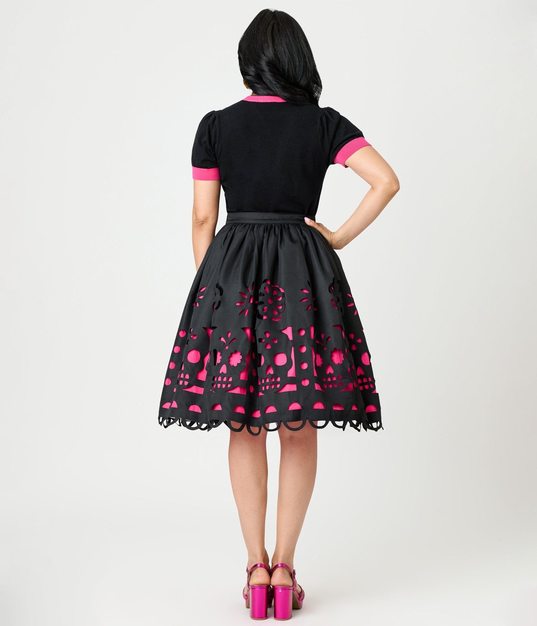 Unique Vintage Black & Pink Day of the Dead Skull Cutout Swing Skirt - Unique Vintage - Womens, BOTTOMS, SKIRTS