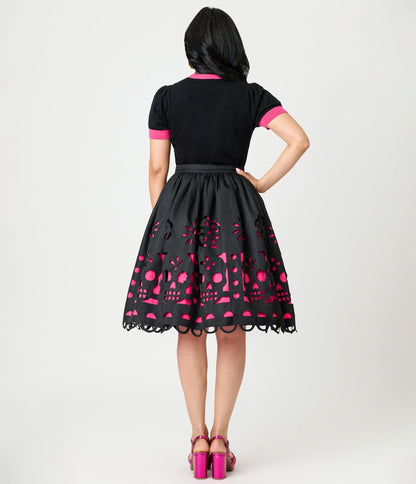 Unique Vintage Black & Pink Day of the Dead Skull Cutout Swing Skirt - Unique Vintage - Womens, BOTTOMS, SKIRTS