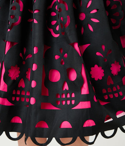 Unique Vintage Black & Pink Day of the Dead Skull Cutout Swing Skirt - Unique Vintage - Womens, BOTTOMS, SKIRTS