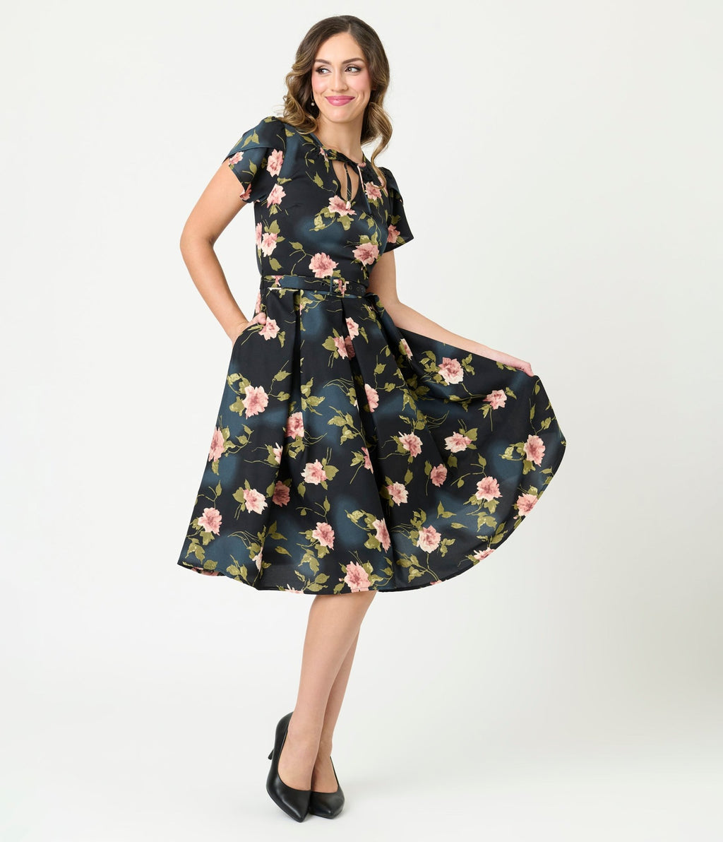 Unique Vintage Black & Pink Floral Dahlia Swing Dress Unique Vintage Black & Pink Floral Dahlia Swing Dress