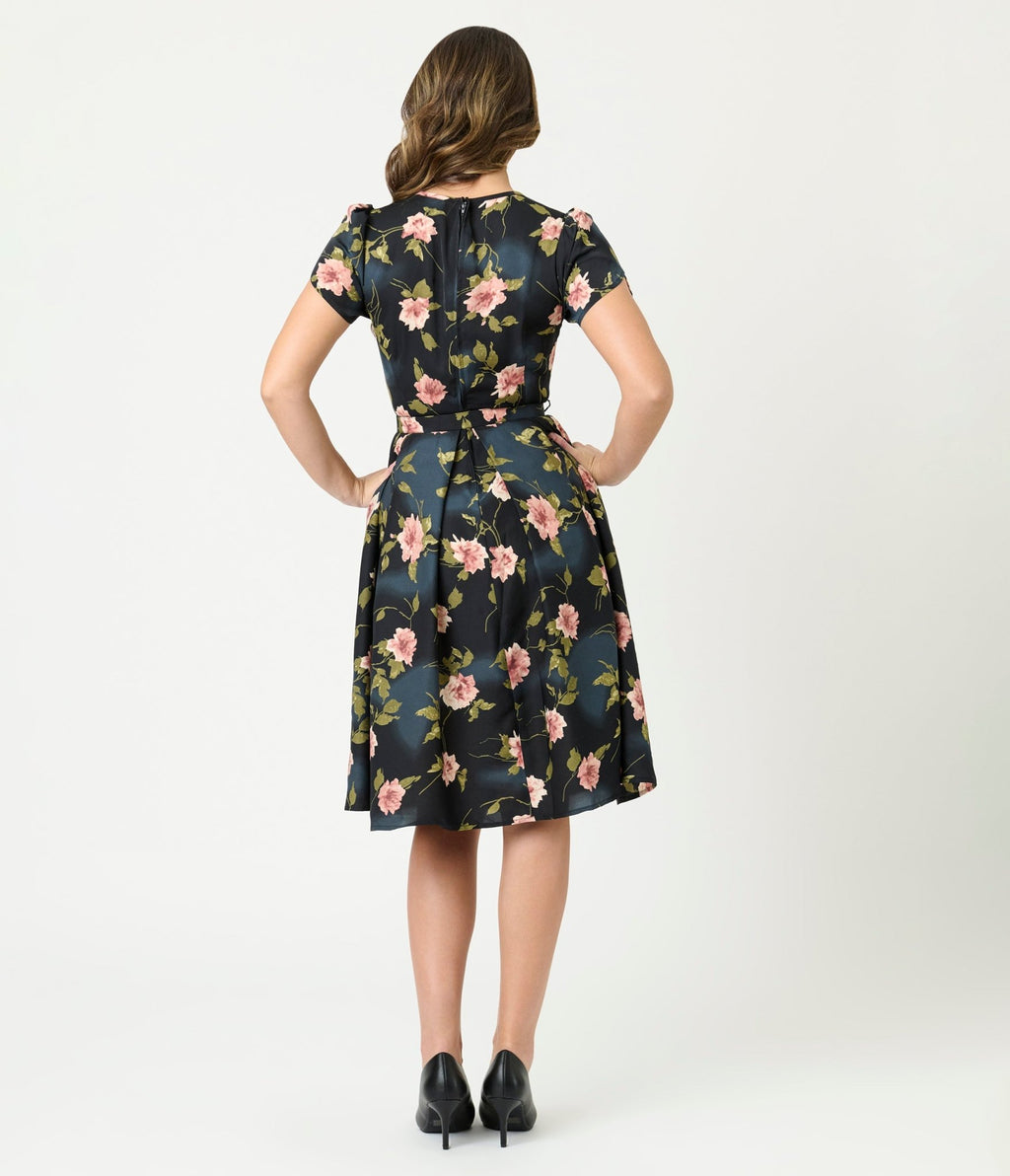 Unique Vintage Black & Pink Floral Dahlia Swing Dress - Unique Vintage - Womens, DRESSES, SWING