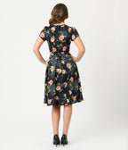 Unique Vintage Black & Pink Floral Dahlia Swing Dress - Unique Vintage - Womens, DRESSES, SWING