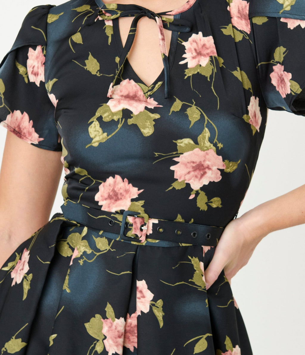 Unique Vintage Black & Pink Floral Dahlia Swing Dress Unique Vintage Black & Pink Floral Dahlia Swing Dress