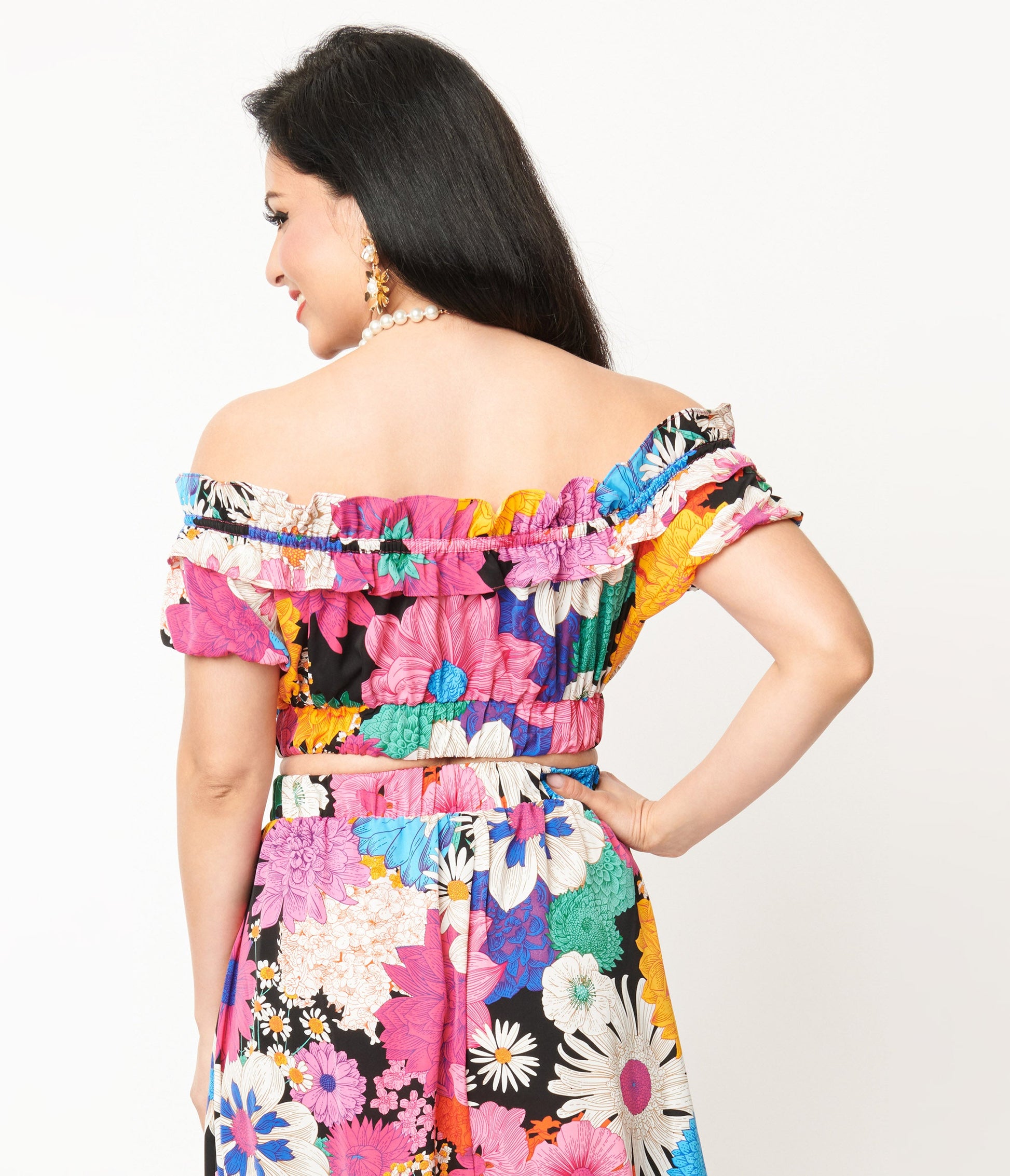 Unique Vintage Black Pink Floral Off The Shoulder Ruffle Crop Top - Unique Vintage - Womens, TOPS, WOVEN TOPS