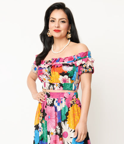 Unique Vintage Black Pink Floral Off The Shoulder Ruffle Crop Top - Unique Vintage - Womens, TOPS, WOVEN TOPS