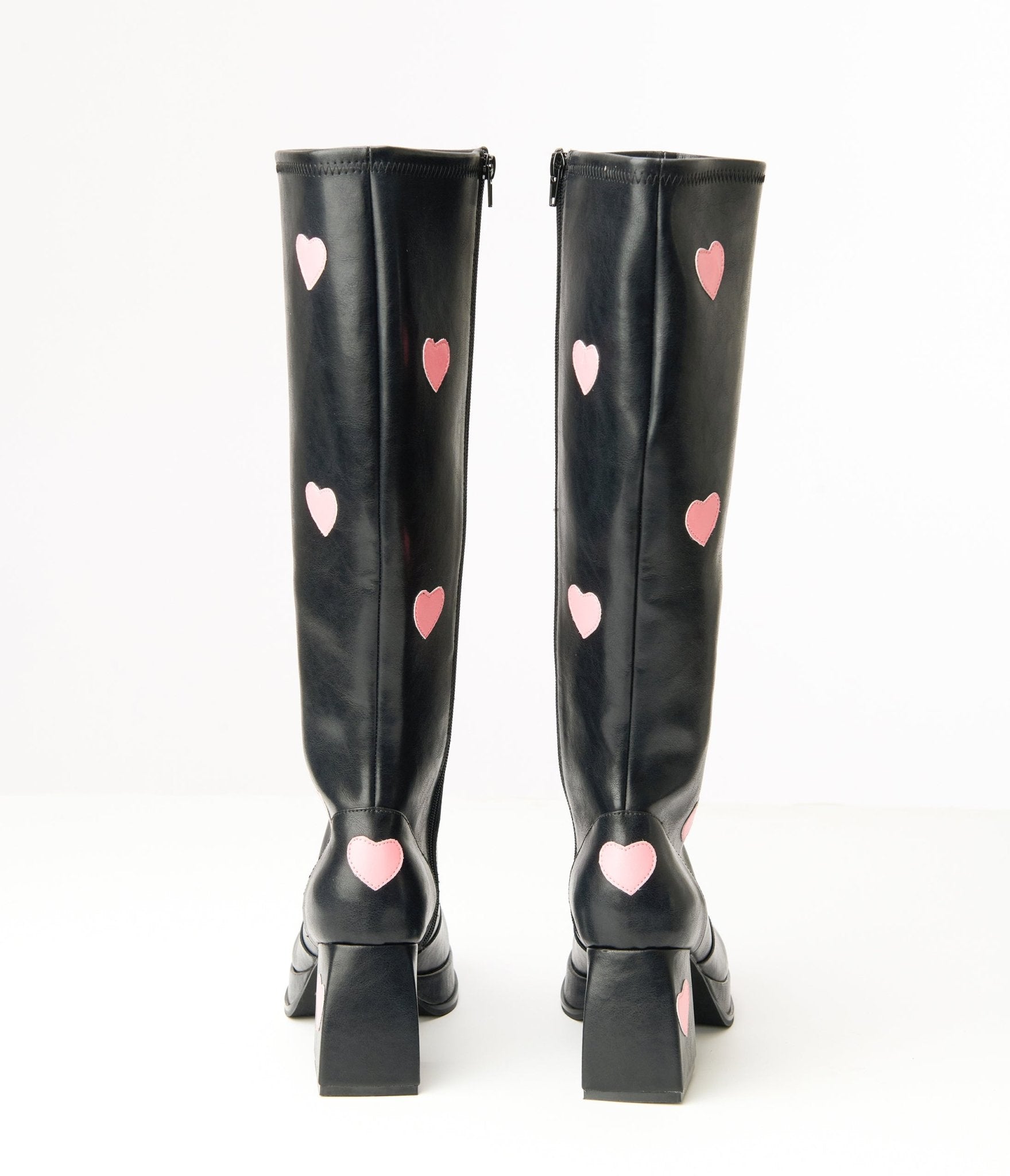 Unique Vintage Black & Pink Hearts Leatherette Knee High Boots - Unique Vintage - Womens, SHOES, BOOTS