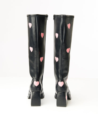 Unique Vintage Black & Pink Hearts Leatherette Knee High Boots - Unique Vintage - Womens, SHOES, BOOTS