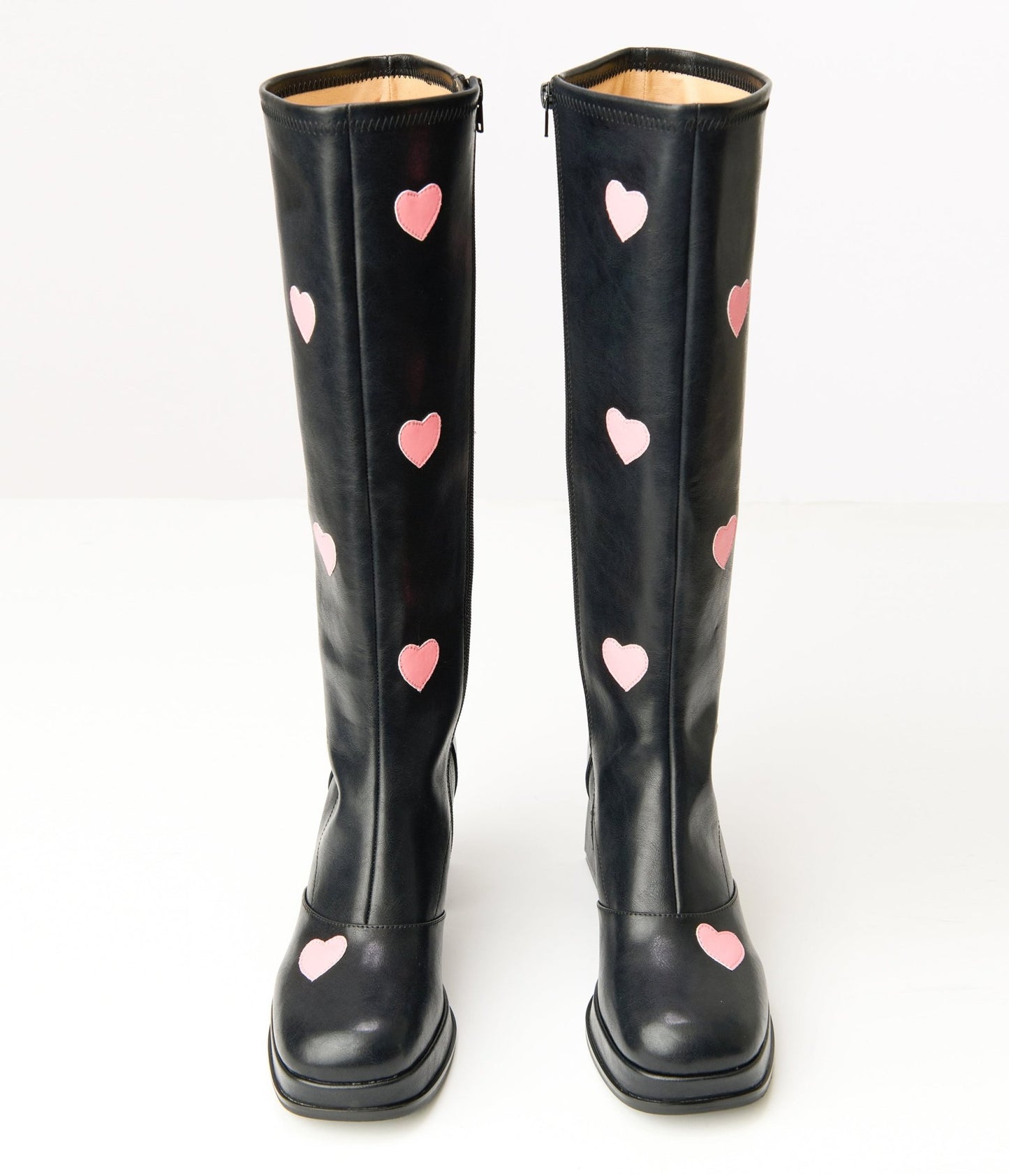 Unique Vintage Black & Pink Hearts Leatherette Knee High Boots - Unique Vintage - Womens, SHOES, BOOTS