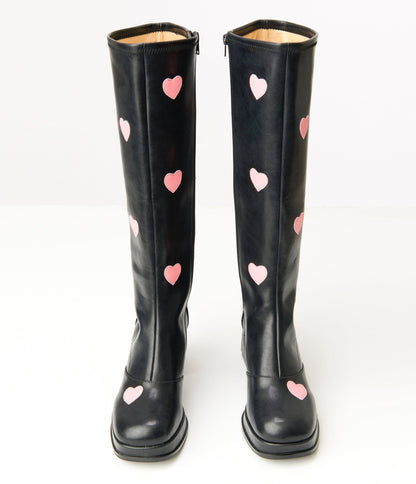 Unique Vintage Black & Pink Hearts Leatherette Knee High Boots - Unique Vintage - Womens, SHOES, BOOTS