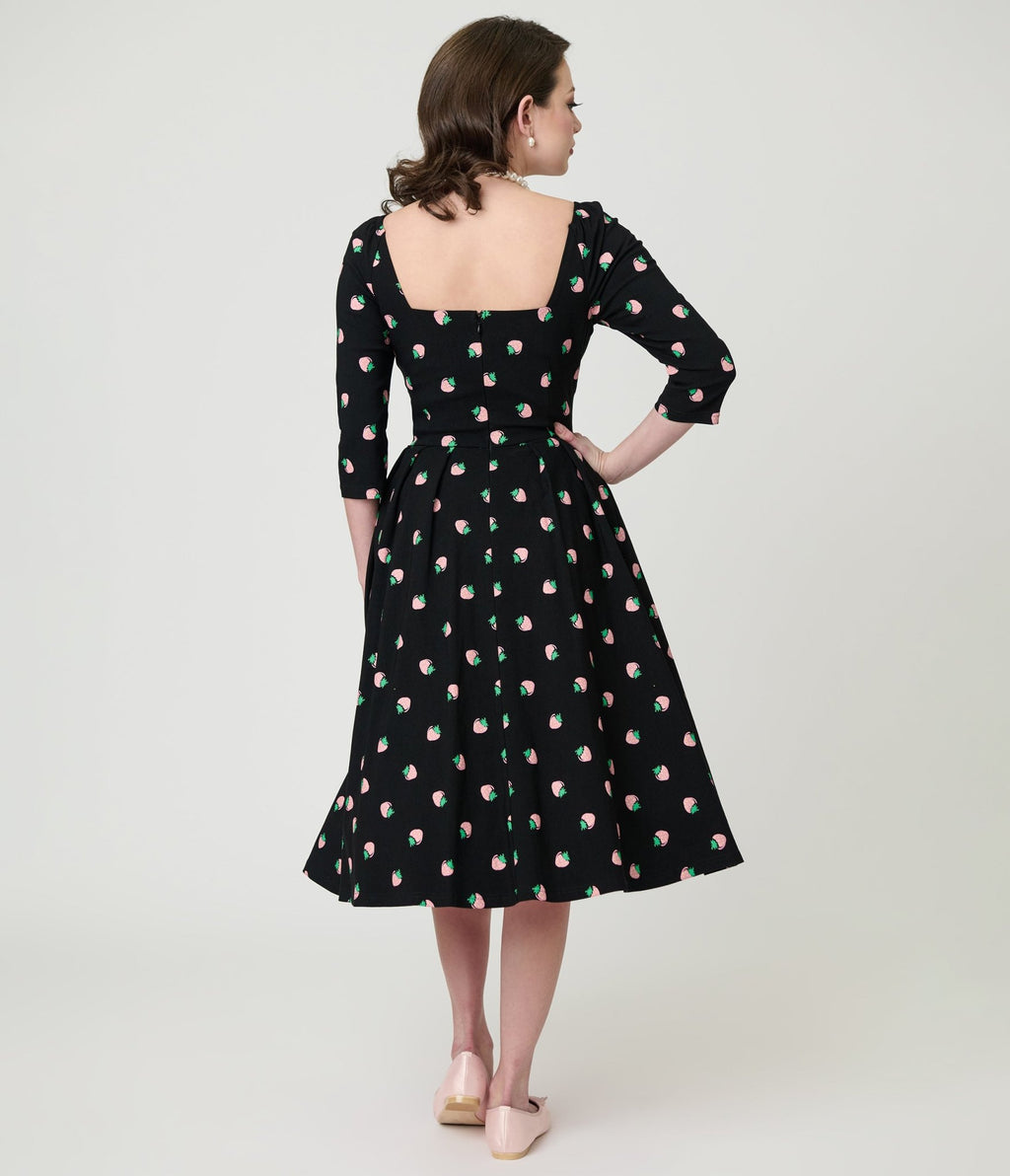 Unique Vintage Black & Pink Strawberry Lamar Swing Dress - Unique Vintage - Womens, DRESSES, SWING
