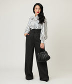 Unique Vintage Black Pinstripe High Waist Trousers - Unique Vintage - Womens, BOTTOMS, PANTS