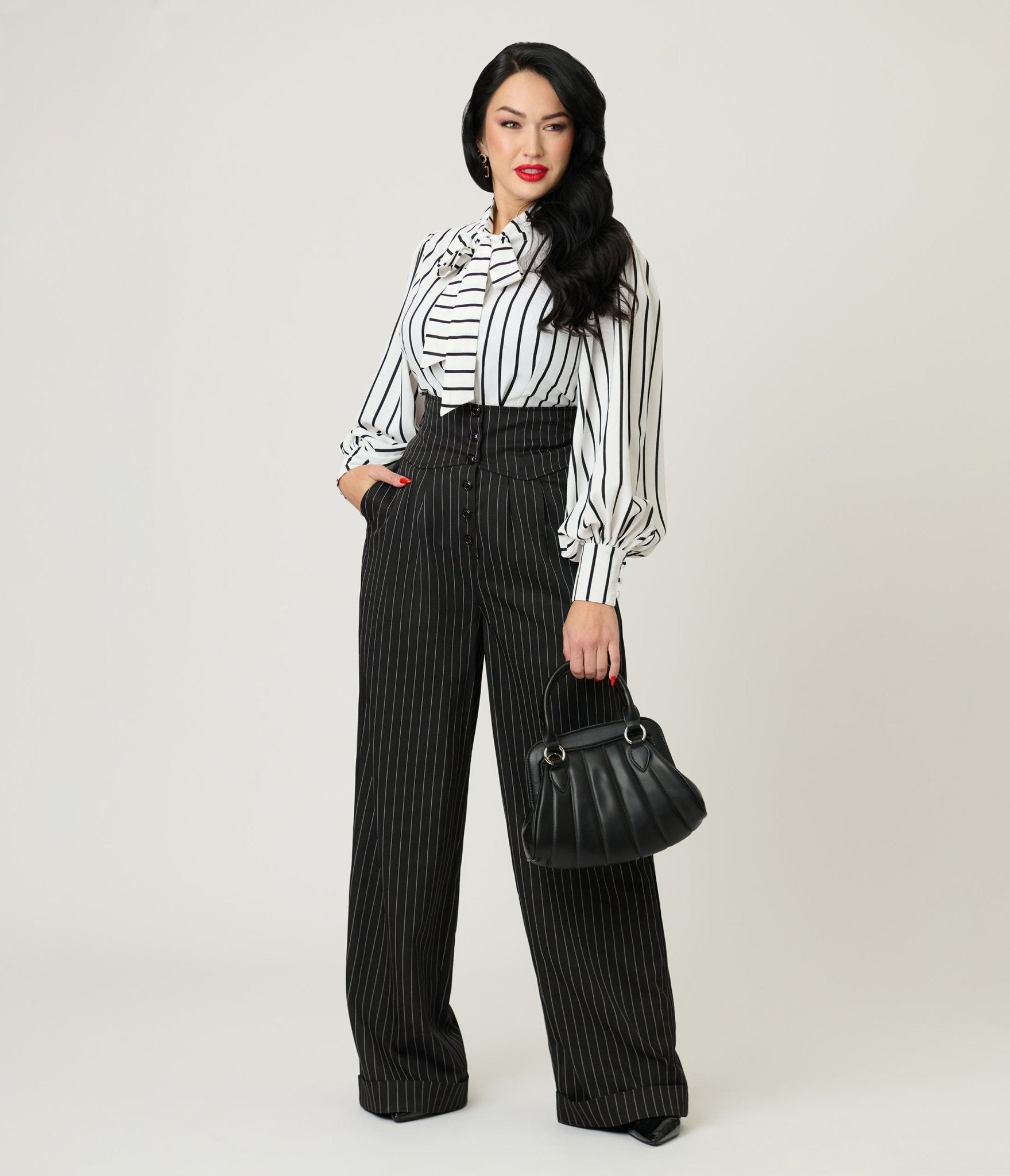 Unique Vintage Black Pinstripe High Waist Trousers - Unique Vintage - Womens, BOTTOMS, PANTS
