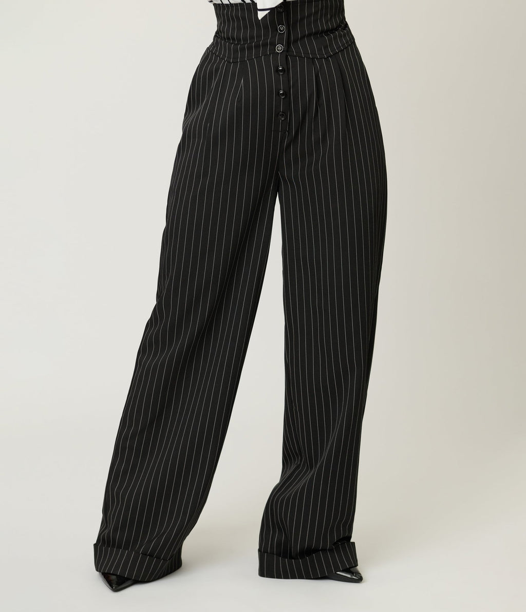 Unique Vintage Black Pinstripe High Waist Trousers - Unique Vintage - Womens, BOTTOMS, PANTS