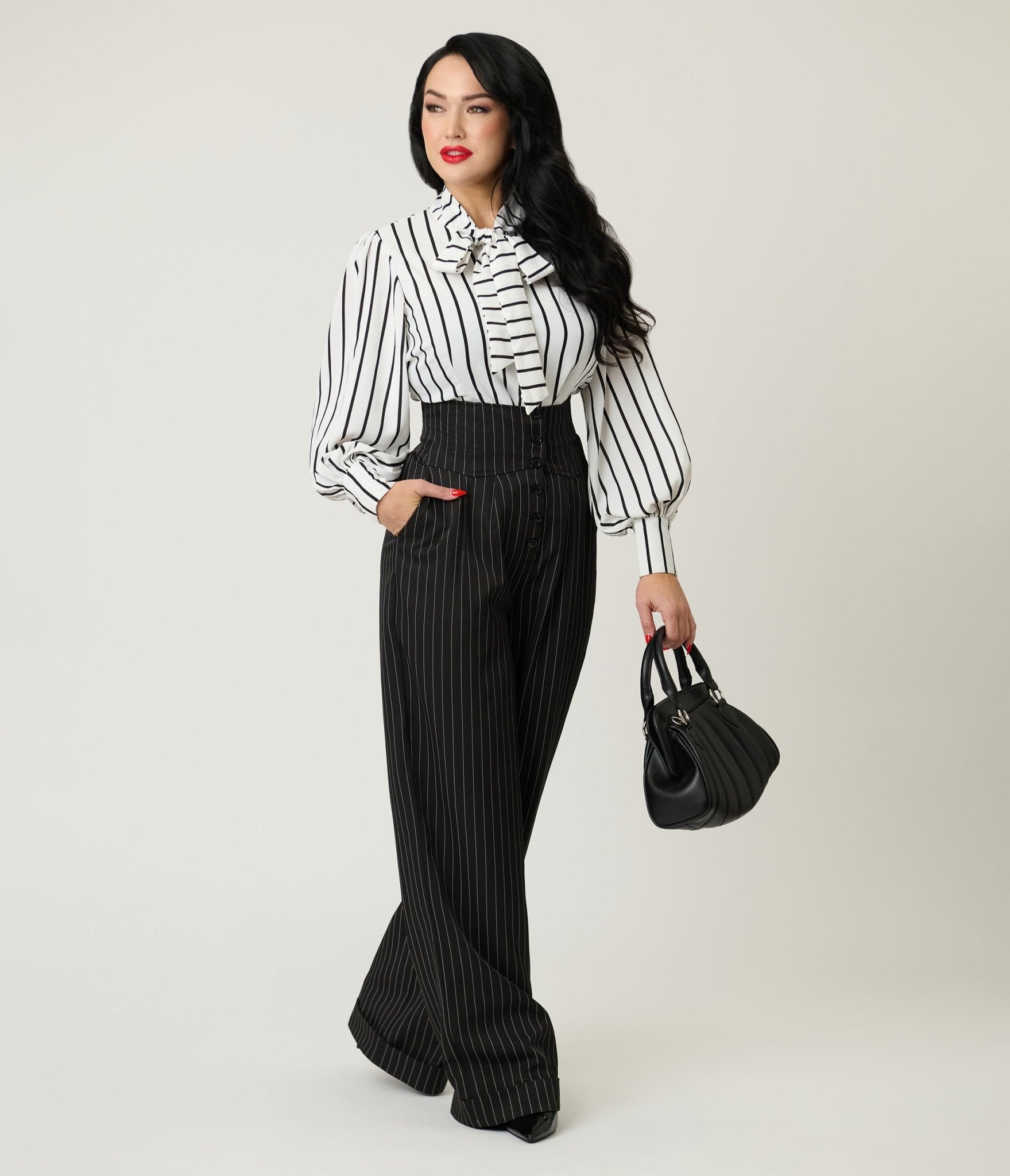 Unique Vintage Black Pinstripe High Waist Trousers - Unique Vintage - Womens, BOTTOMS, PANTS