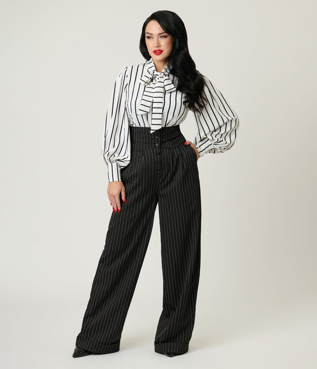 Unique Vintage Black Pinstripe High Waist Trousers - Unique Vintage - Womens, BOTTOMS, PANTS