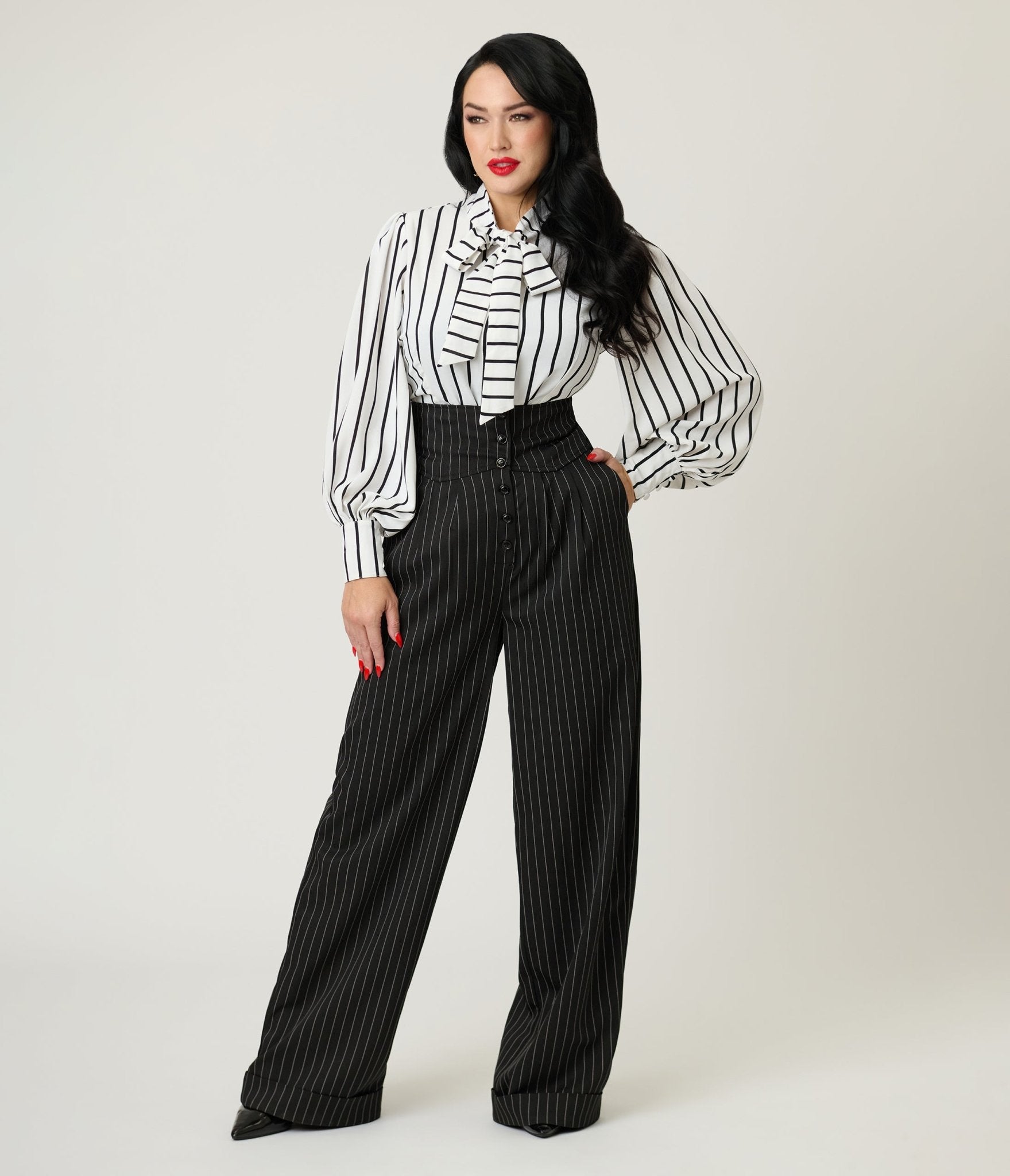 Unique Vintage Black Pinstripe High Waist Trousers - Unique Vintage - Womens, BOTTOMS, PANTS
