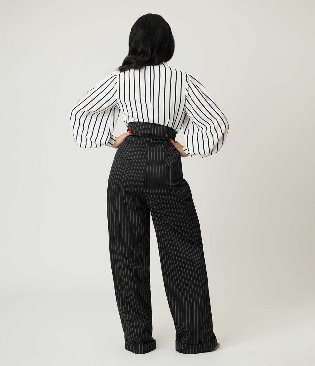 Unique Vintage Black Pinstripe High Waist Trousers - Unique Vintage - Womens, BOTTOMS, PANTS