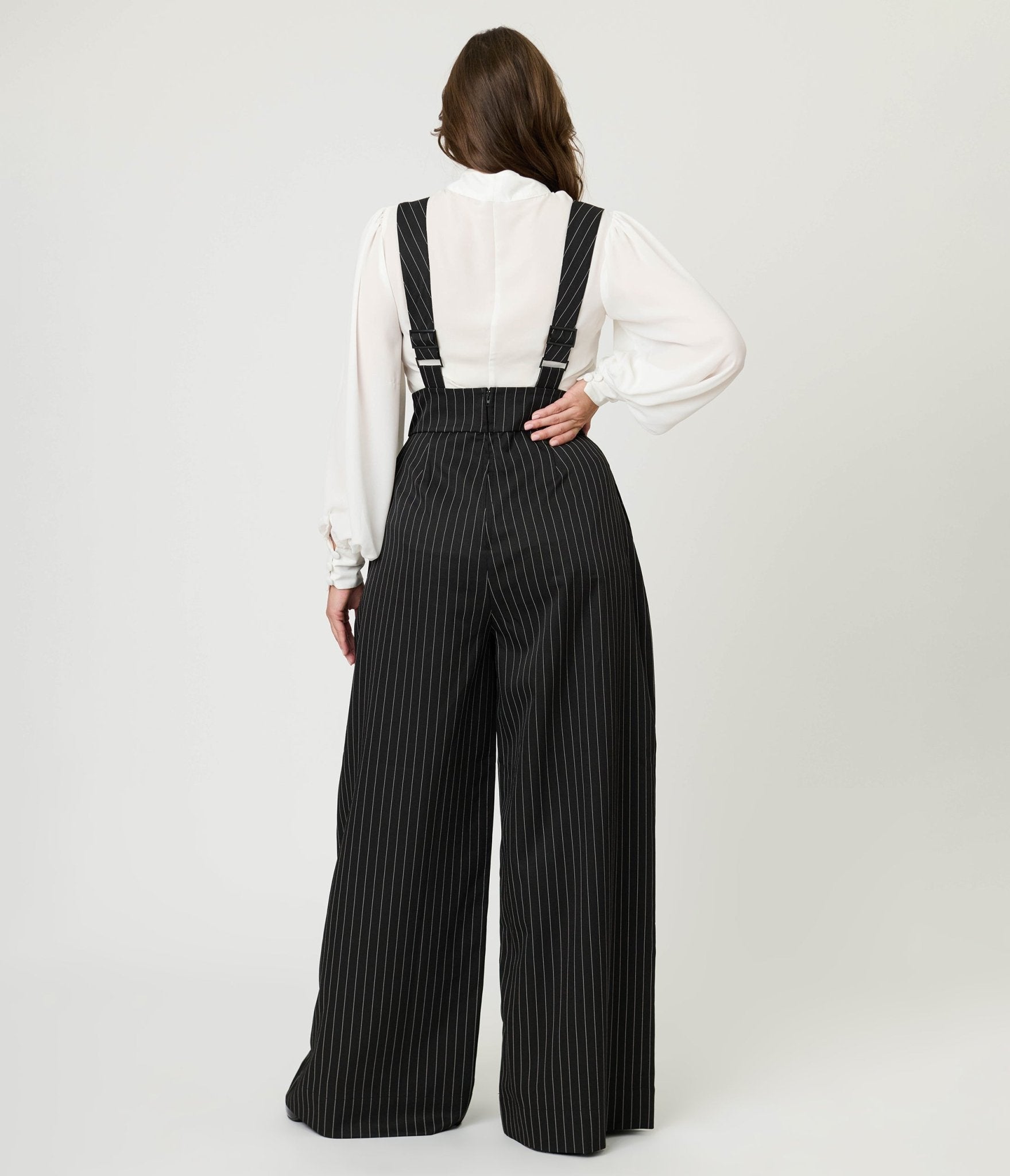 Unique Vintage Black Pinstripe Rochelle Suspender Pants - Unique Vintage - Womens, BOTTOMS, PANTS
