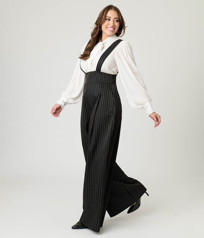 Unique Vintage Black Pinstripe Rochelle Suspender Pants - Unique Vintage - Womens, BOTTOMS, PANTS
