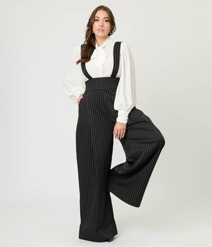 Unique Vintage Black Pinstripe Rochelle Suspender Pants - Unique Vintage - Womens, BOTTOMS, PANTS