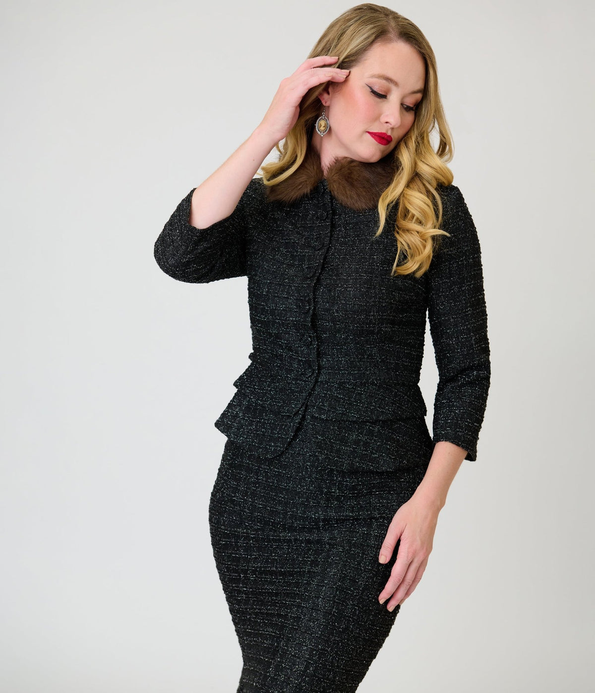 Unique Vintage Black Plaid & Brown Faux Fur Collar Peplum Jacket - Unique Vintage - Jackets