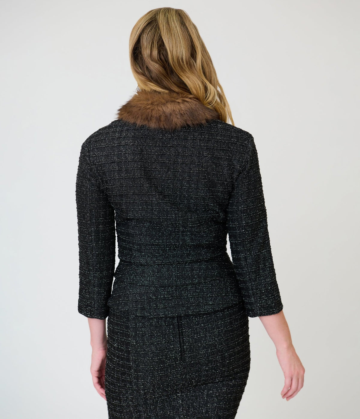 Unique Vintage Black Plaid & Brown Faux Fur Collar Peplum Jacket - Unique Vintage - Jackets