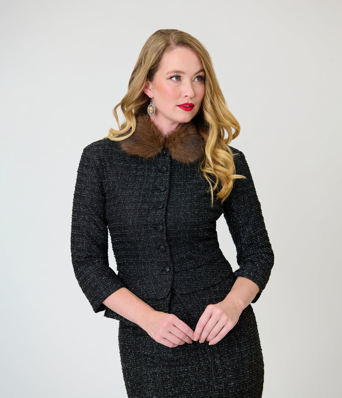 Unique Vintage Black Plaid & Brown Faux Fur Collar Peplum Jacket - Unique Vintage - Jackets