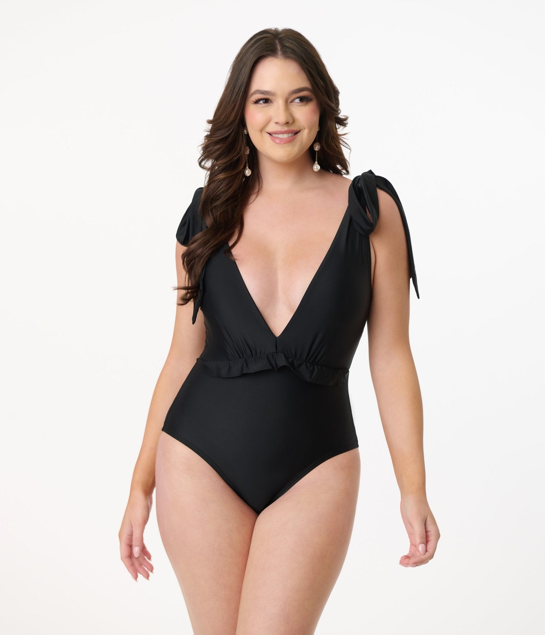 Unique Vintage Black Plunge One Piece Swimsuit - Unique Vintage - Womens, SWIM, 1 PC